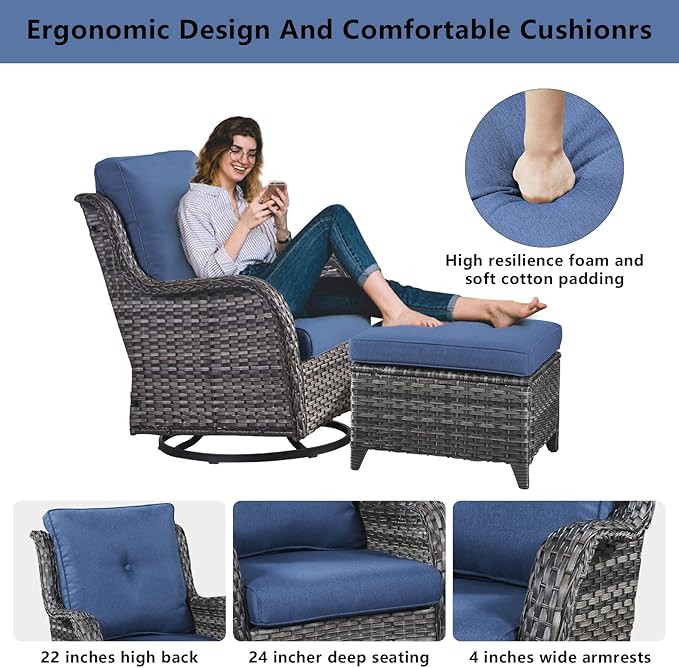 5 Piece Outdoor Patio Furniture Set - Wicker Furniture Patio Conversation Set, Outdoor Swivel Rocker Chairs with 3-Seater Sofa and 2 Ottomans for Small Space, Blue Cushion