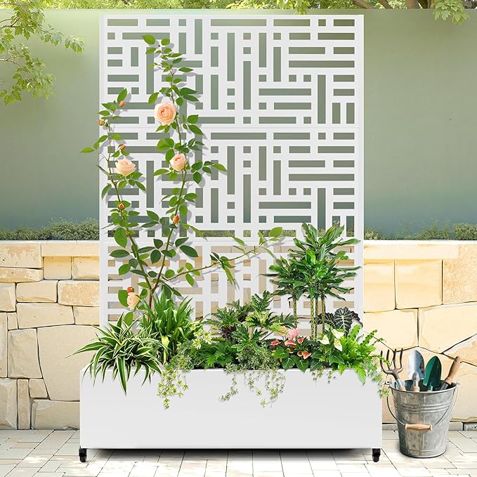 Raised Garden Bed with Trellis and Wheels,73"x47"x16" Metal Raised Garden Bed,White Modern Metal Planter with Climbing Trellis for Vines & Vegetables