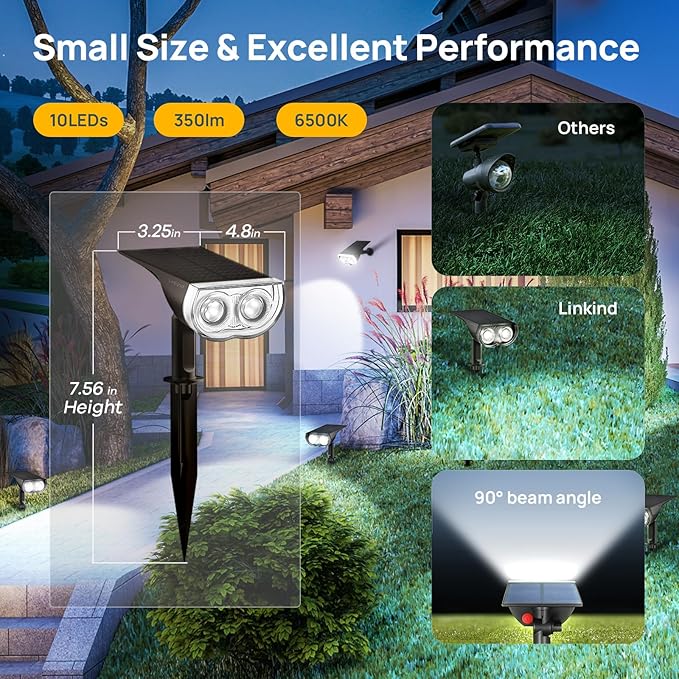 Linkind StarRayS Solar Lights Outdoor, Bright Solar Spot Lights Outdoor, IP67 Waterproof Spotlights for Garden, Yard, Landscape, Walkway, Daylight, 6 Pack