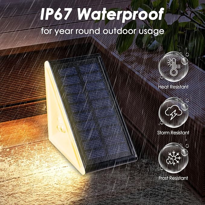 Solar Step Lights Outdoor Waterproof IP67, 12 Pack Solar Powered Stair Light with 3 LEDs, Triangle Solar Deck Light for Outside Garden Patio Yard Porch Front Door, Warm White
