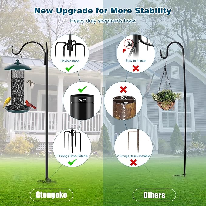 Gtongoko Adjustable 47 inch Shepherds Hooks for Outdoor Bird Feeder with 5 Prongs, Bird Feeder Pole Garden Hooks for Hanging Lanterns, Plants Baskets, Hummingbird Feeders, 1 Pack