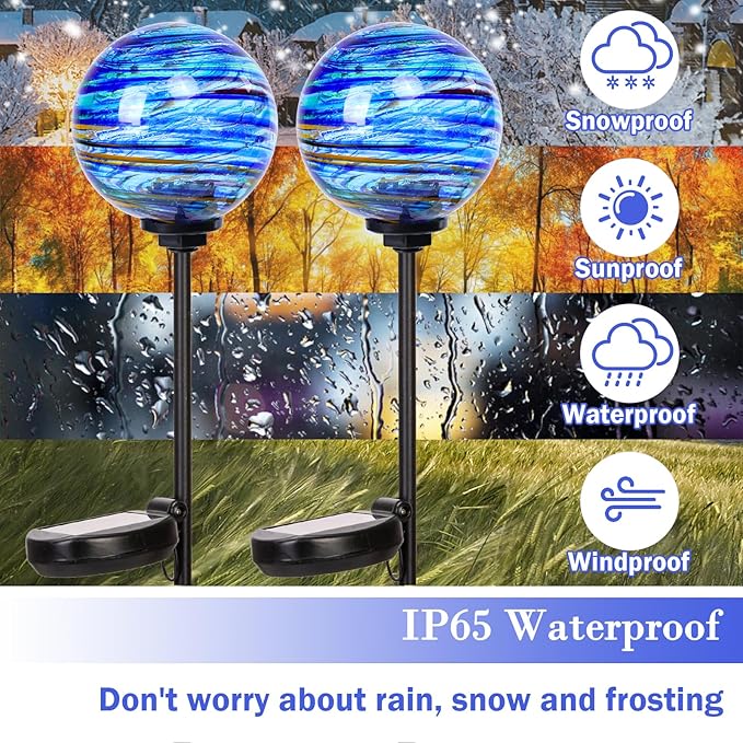 Solar Outdoor Decorative Lights Color Swirl Solar Garden Stake Glaze Glass LED Solar Garden Globe Lights Outdoor Decorative Lights for Pathway Yard Lawn Decoration 2 Pack Blue