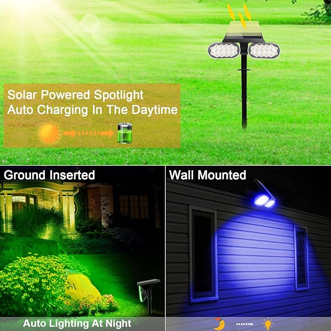 EMANER Solar Outdoor Spot Lights, RGB Solid Color+Multicolor Changing, Solar Spotlight Keep On, Dusk to Dawn Pathway Stake Light Waterproof for Christmas Halloween Outside Tree Garden Decor, 2Pack