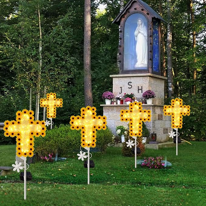 YJFWAL Solar Daisy Cross Garden Stake Lights, Yard Solar Lights Cemetery Decorations for Grave Outdoor Light Jesus Cross Sympathy Memorial Gifts for Grandmother, for Garden Yard Lawn Patio Pathway