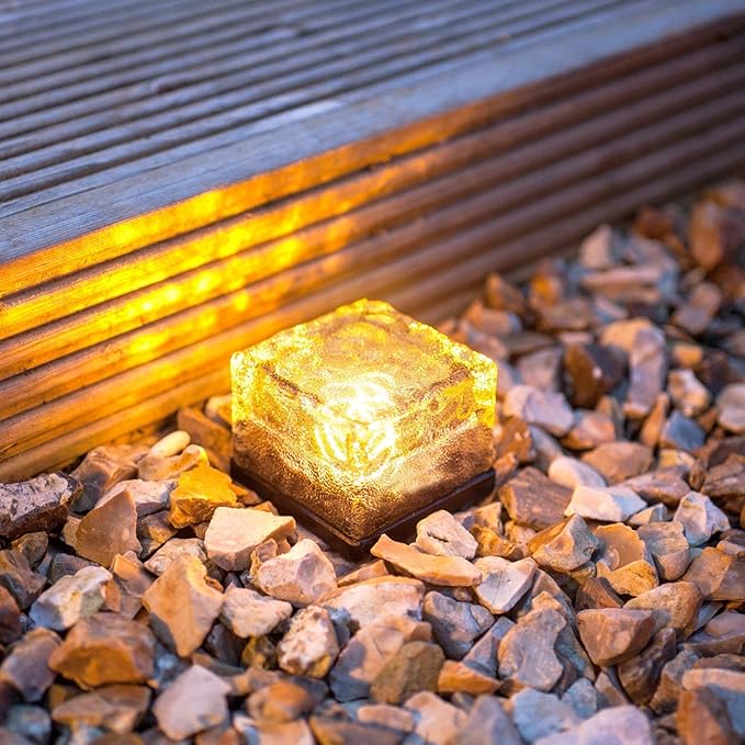 Solar Glass Brick Light - Solar Ice Cube LED Light - Crystal Brick Stone Lamp Garden Courtyard Pathway Patio Pool, Decorative Christmas Festives Ice Rock Cube Lights (4PCS Warm White)