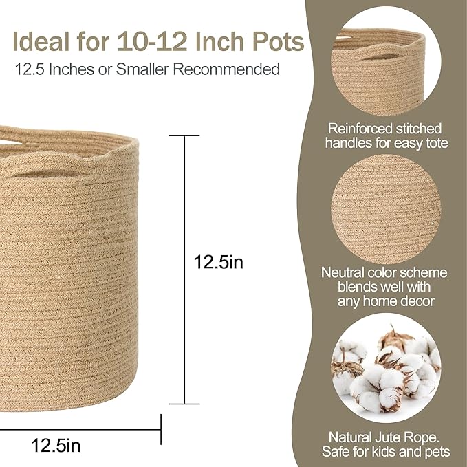 Woven Jute Plant Basket, Wicker Basket Planter for 11 inch Pot, Round Indoor Tree Pot Cover, Small Boho Storage Bin Organizer, Rustic Basket for Plants and Home Decor, 12.5” x 12.5”