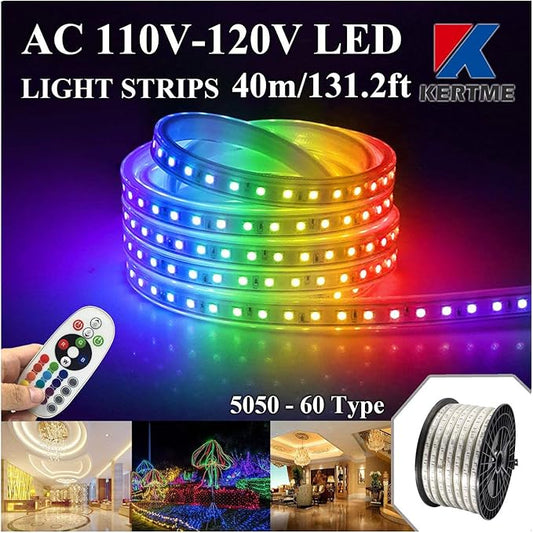 5050-60 Type AC 110-120V RGB LED Strip Lights, Flexible/Waterproof/Dimmable/Multi-Colors/Multi-Modes LED Rope Light + 24 Keys Remote for Home/Garden/Building Decoration (131.2ft/40m, RGB)