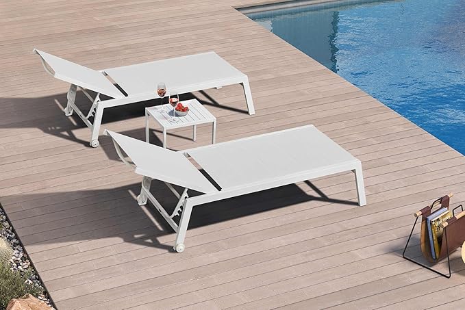 PURPLE LEAF Outdoor Chaise Lounge Set Adjustable Sunbathing Recliner with Side Table for Beach Poolside Outside Patio Aluminum Chaise Lounger Cream