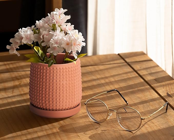 D'vine Dev 4 Inch Terracotta Beaded Planter Pot - Flower Pot with Drainage Holes and Saucers for Indoor Succulent Plants or Flowers,Terracotta, 27-C-Z-7