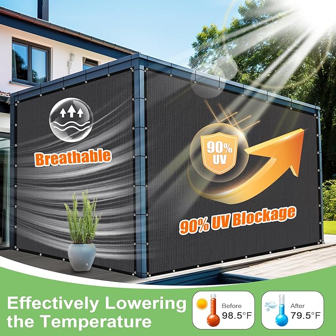 90% Outdoor Sun Shade Cloth, 12'×20' Pergola Shade Cover with Grommets, Privacy Screen Sunshades for Patio Garden Backyard Plant, Dark Grey