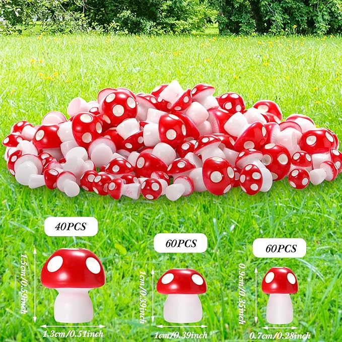 160 Pcs Tiny Mushrooms Mini Figurines Miniature Cute Colorful Mushroom Figurines Indoor Outdoor Mushroom Statue Decor Mushroom Decoration for Garden Landscape Bonsai Craft Ornament (Red, S, M, L)