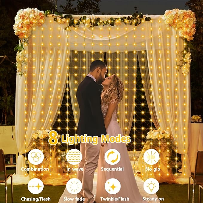 Solar Curtain Lights 7.9ft x 6ft 144 LED Outdoor Curtain Lights Waterproof with Timer 8 Modes for Christmas Garden Patio Fence Wedding Wall Window Gazebo Decor - Warm White
