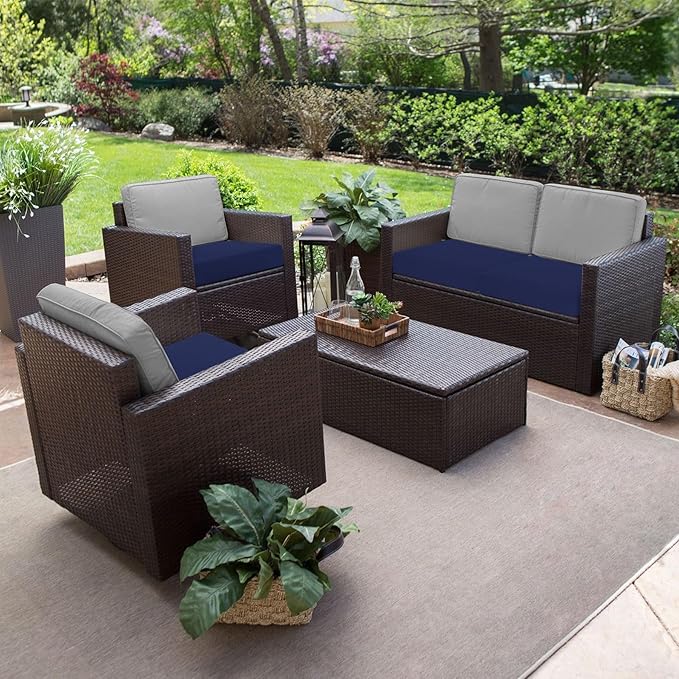 Favoyard Outdoor Chair Cushion 24 x 24 x 4 Inch Rainproof & 3-Year Fade Resistant Patio Furniture Cushions with Removable Cover and Adjustable Ties for Garden Sofa Couch Pads Set of 2, Blue