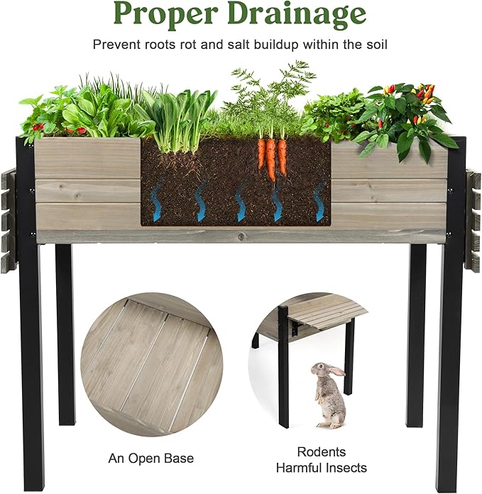 Raised Garden Bed, Metal Leg Wood Planter Boxes with Folding Storage Shelf,Elevated Planter Box for Growing Fresh Herbs, Vegetables, Flowers Great for Outdoor Patio, Deck, Balcony（Gray）