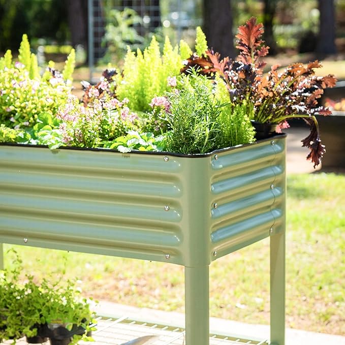 Elevated Raised Garden Bed-V Series, 2' x 8' Garden Beds with Legs & Storage Rack for Patio Porch, 1400 Lbs Weight Capacity, Outdoor Planter Boxes for Gardening Herbs Vegetables Flowers, Pearl White