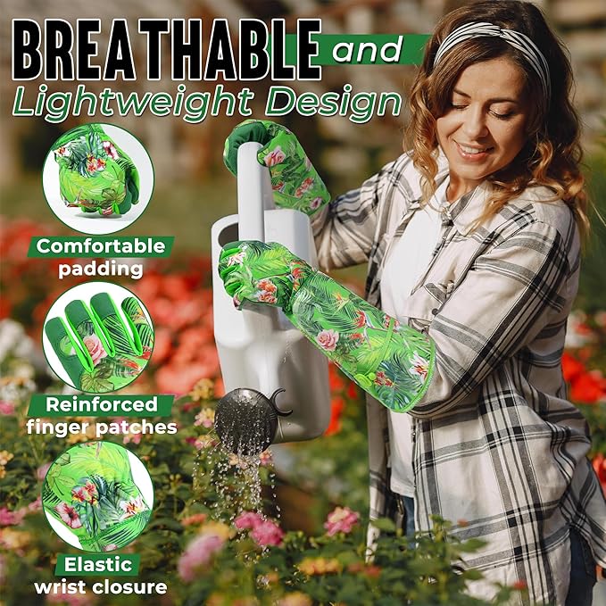 HANDLANDY Women Gardening Gloves, Thorn Proof Breathable Ladies Rose Pruning Long Gauntlet Floral Print Garden Yard Gloves, Gift for Gardeners (Green, L)