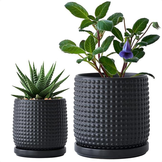 D'vine Dev 6 Inch 4 Inch Ceramic Indoor Planter Pots with Drainage Hole and Saucer, Beaded Design Flower Pots, Set of 2, Matte Black, 27-D-U-6