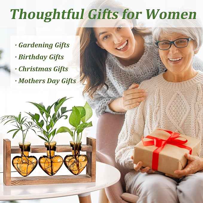 Lifecapido Heart Shaped Propagation Stations, Plant Terrarium with Wooden Stand, Plant Propagation Station for Hydroponics Plants Office Garden Home Decor, Gifts for Women Plant Lover (3 Vases, Amber)