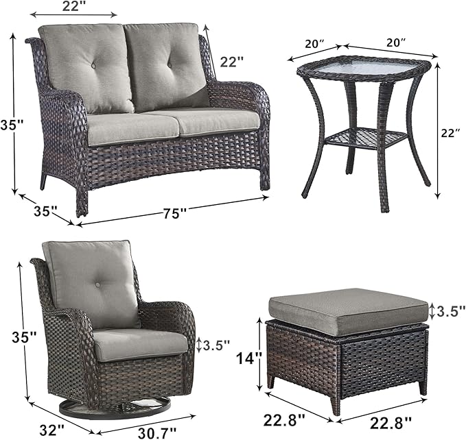 Outdoor Wicker Patio Furniture Set - 6 Piece Rattan Patio Conversation Set with 2 Rocking Swivel Chairs,2 Ottomans,1 Loveseat and 1 Side Table for Porch Deck Backyard Garden(Brown/Grey)