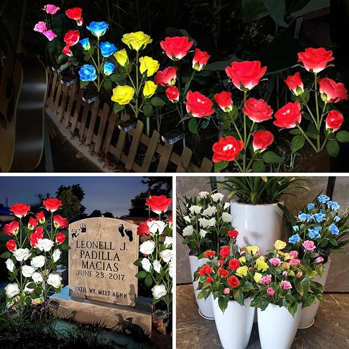 Solar Garden Lights, Solar Outdoor Lights with More Realistic 10 Rose Waterproof Solar Powered Flowers for Outside Patio Yard Pathway Decorations, 2 Pack Red
