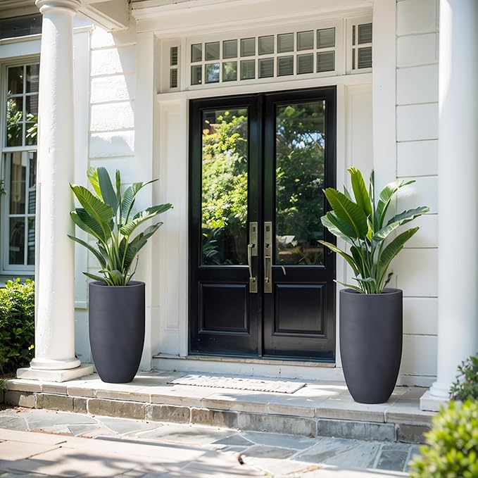Kante 24 Inch Tall Round Concrete Planter, 2 Pack Large Indoor Outdoor Plant Pots with Drainage Hole and Rubber Plug, Modern Decorative Garden Pots for Home Patio Porch, Charcoal