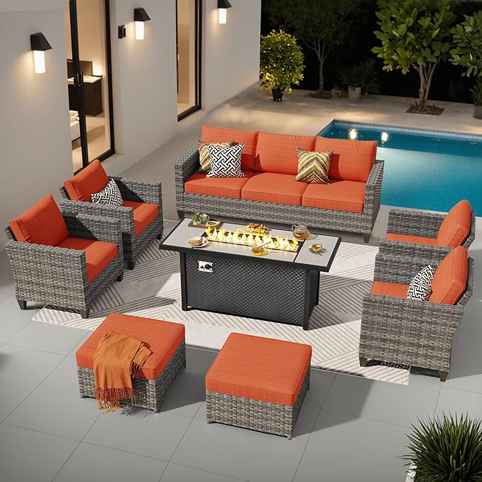 ovios 8 Pieces Patio Furniture Set with 54" Fire Pit Table, Outdoor Wicker Sofa with Comfy Cushions, All Weather High Back Rattan Couch Conversation Set, Orange Red