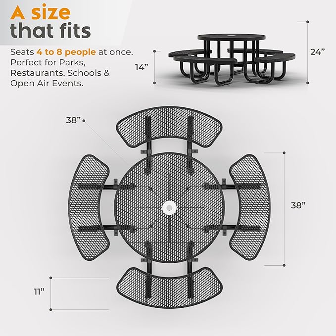 Metal Picnic Tables for Kids for Outdoors with Umbrella Hole - Coated Steel Heavy Duty Commercial Grade Table with Adjustable Seats (Black, 38 in, Kids, Expanded Steel)