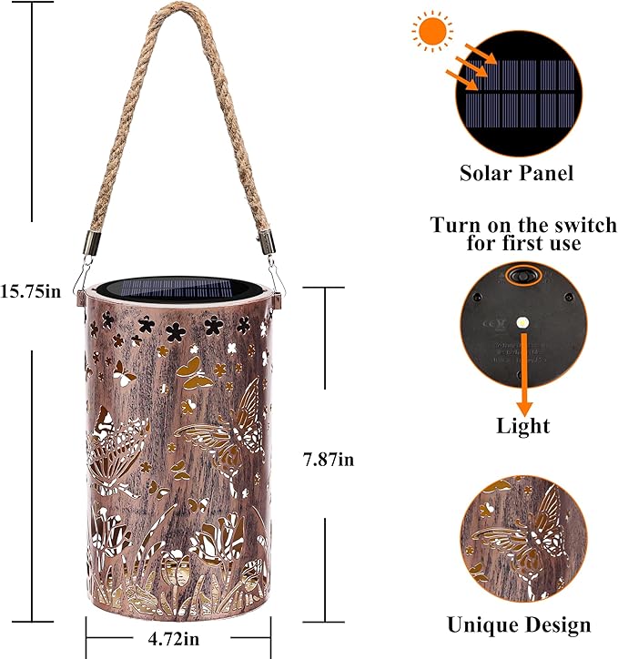 Toodour Solar Lantern Outdoor, Butterfly Gifts for Mom Grandma Women Hanging Solar Outdoor Lights Waterproof, Hollow Out Retro Metal Butterfly Lights for Patio, Balcony, Walkway, Yard Decorations