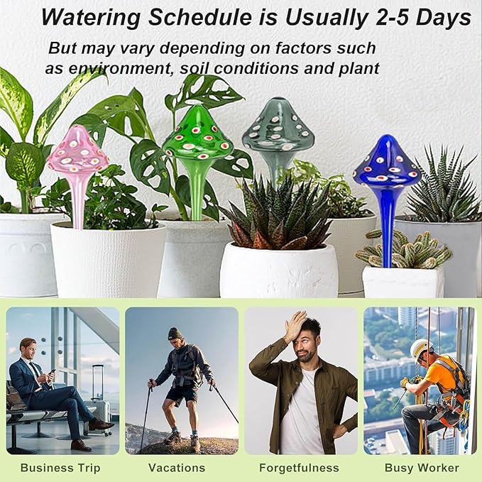 4 Pcs Plant Watering Globes, Hand-Blown Mushroom-Shaped Self Watering Globes, Suitable for Indoor&Outdoor Plant Watering Devices