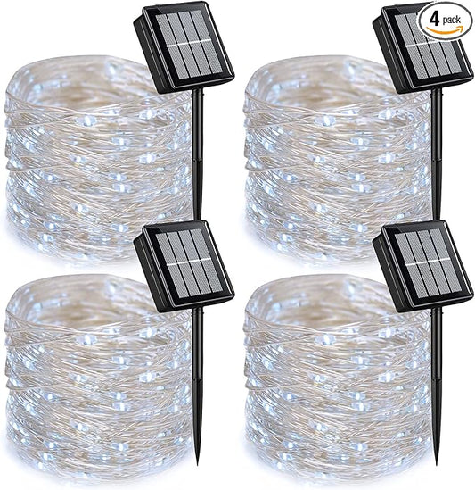 QITONG 4 Pack White Solar Fairy Lights, Each 33ft 100 LED String Light Outdoor Waterproof, 8 Modes Silver Wire Solar Twinkle Lights