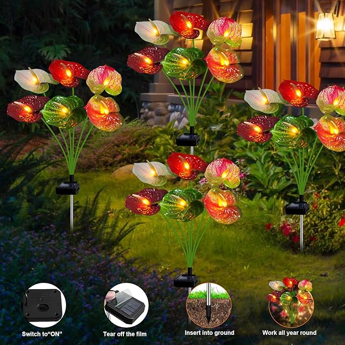 Solar Lights Outdoor,4 Packs Solar Garden Flower Lights with Anthurium Plant Lights,Garden Birthday Gifts for Women,Waterproof Solar Stakes Lights for Outside Yard Patio Lawn Decoration
