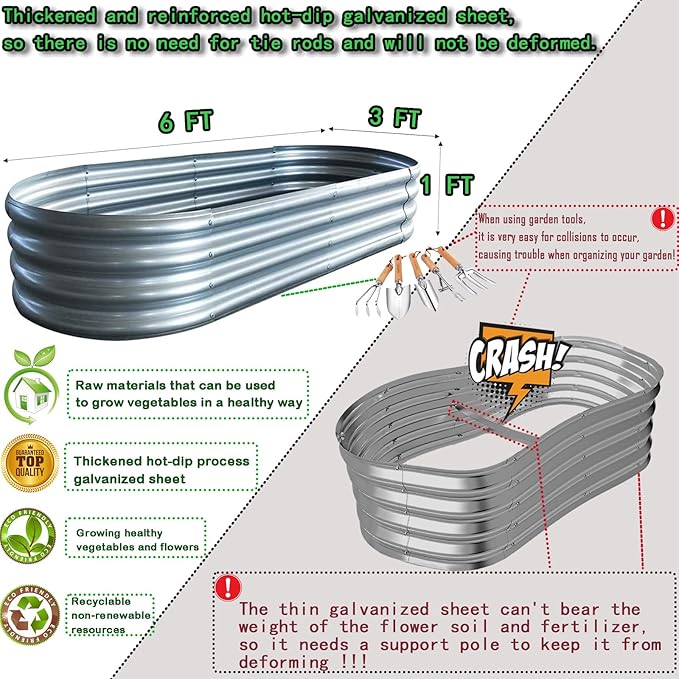 Raised Garden Bed, 6×3×1ft Outdoor Galvanized Planter Boxes, Galvanized Garden Beds Outdoor with Metal Plant Stakes, Large Raised Garden Box, Garden Beds Outdoor for Vegetables Stock Tank