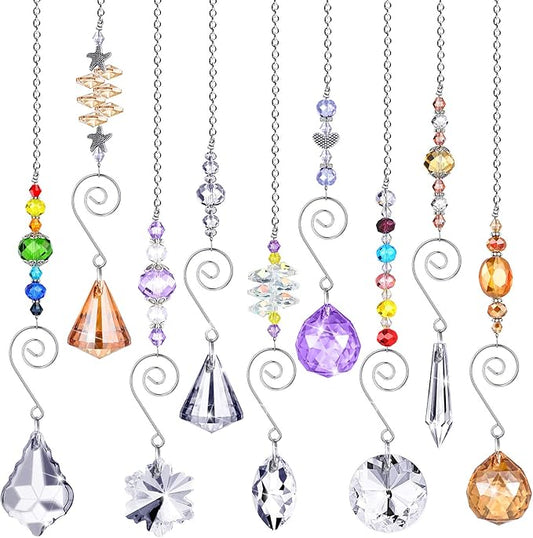 Hicarer 9 Pcs Crystal Suncatchers Hanging Catchers with Chain Colorful Glass Pendant Beads Chandelier Prism Ornament for Window Home Wall Tree Cars Decor Wedding Birthday Anniversary Party Gifts