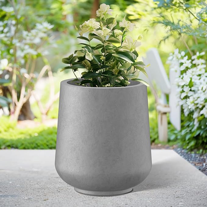 Kante 15.3" Dia Round Concrete Planter, Outdoor Indoor Large Plant Pots Containers with Drainage Hole and Rubber Plug for Home Garden Patio, Gray Concrete