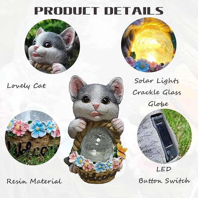 Solar Cat Garden Outdoor Statues,Resin Cat Figurine Carrying Flower Basket and Magic Orb with Solar LED Lights, Lawn Decor Outdoor Statue for Patio, Balcony, Yard Ornament,Gifts for Mom