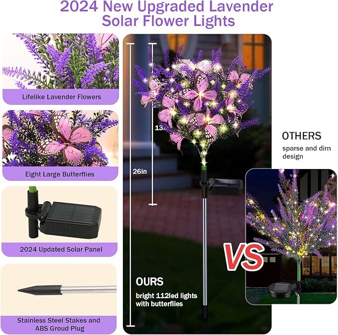 Solar Garden Lights Outdoor, 6 Pack Solar Butterfly Lights Purple Lavender Gardening Gifts for Women, Purple Solar Artificial Flower with Butterfly Purple Garden Decor for Lawn Patio-Warm White