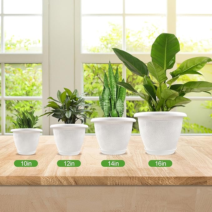 Plastic Flower Pots Planters for Indoor Plants, 3 Pack 10 Inch White Plant Pots with Drainage Hole & Tray, Modern Decorative Large Plant Pot with Saucer for Indoor Outdoor Plants Garden House Planter