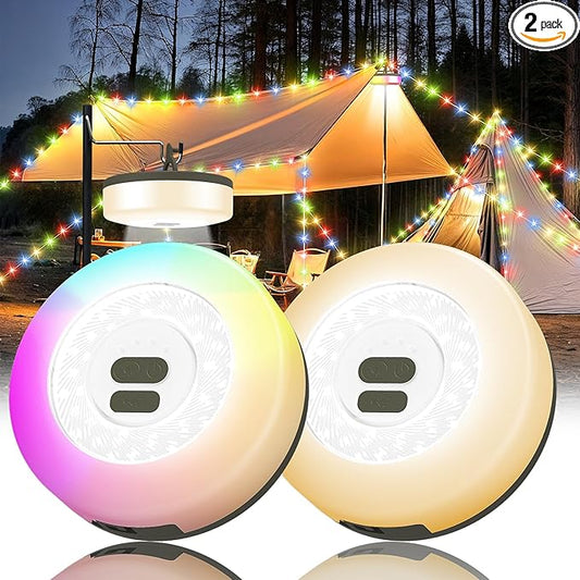 Camping String Lights, 4 in 1 Quick Storage 32.8FT Rechargeable Tent Lights with 9 Modes Hanging Waterproof Camp Lamp Camping Essentials for AwnTent Hiking Garden Bedroom Festival(Warm +RGB)-2Pack