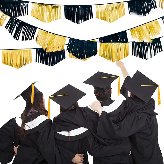 Black and Gold Tassel Banner Double Sided Metallic Fabric Pennant Bunting Flag Garland for Graduation Anniversary Bachelorette Birthday Engagement Wedding Bridal Shower Hen Party Decorations Supplies
