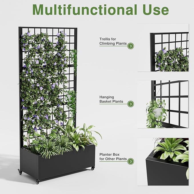 Casaphoria Metal Raised Garden Bed with Trellis and Wheels, 72"x35"x16" Planter Box for Climbing Plants, Vegetables & Vines, Features Drainage Holes and Privacy Screen (Black-Grid)