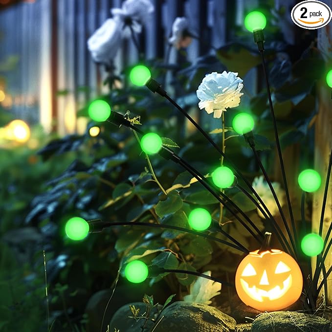 Solar Garden Lights,Halloween Lights Outdoor 20 LED Firefly Halloween Garden Lights Outdoor,Solar Lights for Outside,Solar Lights Outdoor Waterproof for Halloween,Christmas,Yard,Patio(Green)
