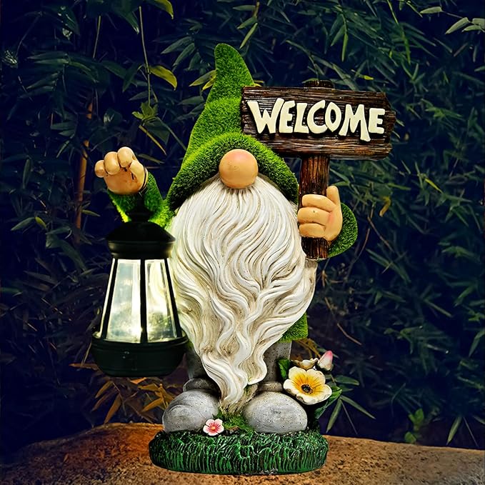 ASAWASA Gnomes Decorations for Yard with Solar LED Light, 10.8" Large Outdoor Funny Garden Lawn Gnome Decor with Welcome Sign