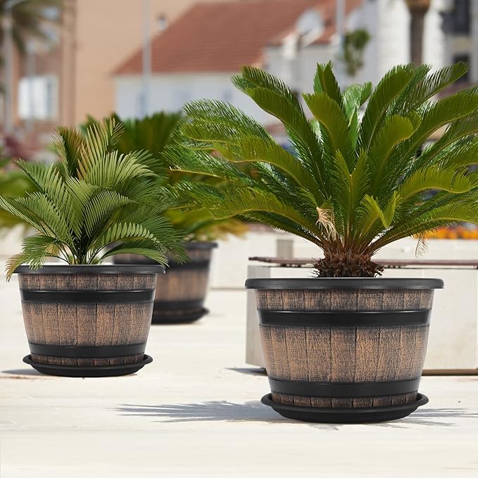 Quarut Large Plastic 3 Pack16 inch Plant Pots,Whiskey Barrel Planters with Drainage Holes & Saucer.Flower Pots Imitation Wine Barrel Design for Indoor & Outdoor Garden Balcony Plants.7 Gallons(Brown)