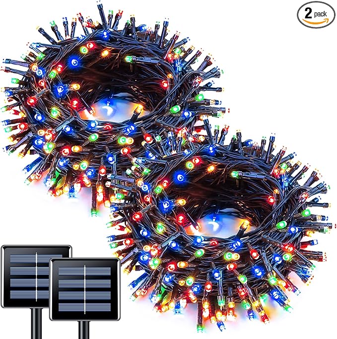 JMEXSUSS 2 Pack Solar String Light 100LED 32.8ft 8 Modes Solar Christmas Lights Waterproof for Gardens, Wedding, Party, Homes, Christmas Tree, Curtains, Outdoors (Multicolor)