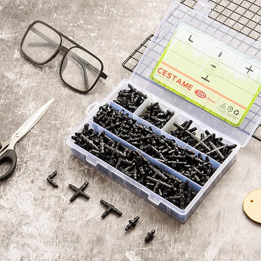 320 Pcs Drip Irrigation Fittings Kits for 1/4" Tubing, Drip Irrigation Barbed Connectors, Drip Line Connectors for Drip Systems(4-Way Coupling, Tee, Elbow, End Plug, Coupling)