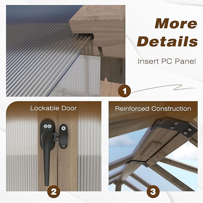 6x10 FT Green House for Outdoor, 6MM Thick Polycarbonate Panel Wooden Walk-in Greenhouse Kit with Lockable Door and Adjustable Roof Vent, Backyard Garden, Light Mocha Brown