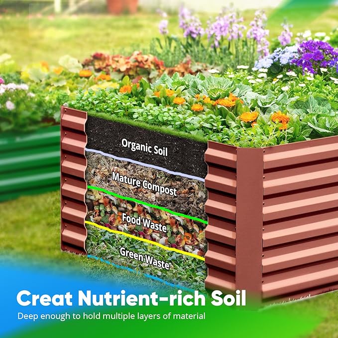 Quictent Galvanized Raised Garden Bed Metal Planter Box Bottomless for Backyard Outdoor, Include 1 pc Tomato Cage, Terracotta, 6x3x2 Ft
