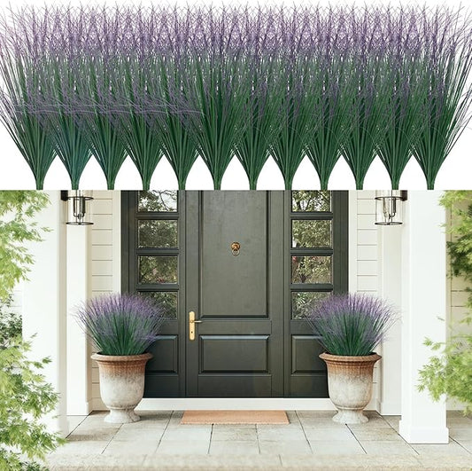 48Pcs Artificial Grass Plants, Faux Shrubs Wheat Grass, Artificial Tall Grass Fake Plants for Outdoor Decor,Artificial Greenery Stems Weed for Room Indoor Home Decor（Green Purple Tail）