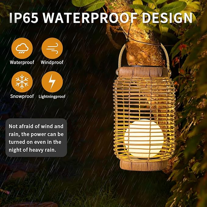 Solar Lantern Outdoor Waterproof，Large Natura Rattan Solar Lantern Hanging with Handle, Solar Powered Decorative Table Lamp for Gardens ，Patio,Yard,Porch,Trees,Lawn,Pathway Home Decoration，12Inch