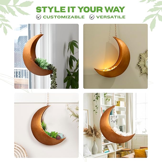 Gold Hanging Moon Planter – with Drain Holes - Moon Room Decor - Unique Planters for Succulents,Air Plant, Cactus, Artificial Plants- Plant Lover Gifts - Boho,Hippie, Birthdays,Witchy Gifts for Women